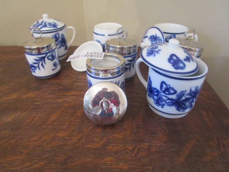 lot 13452 image: Blue White Coffee  Tea Service Pieces