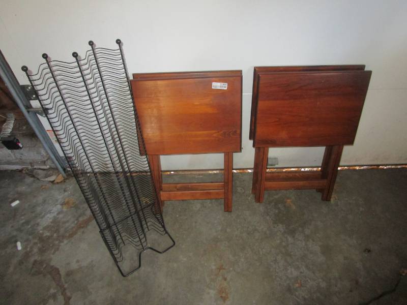 lot 13492 image: Metal Media Rack, Lot of Wood TV Trays