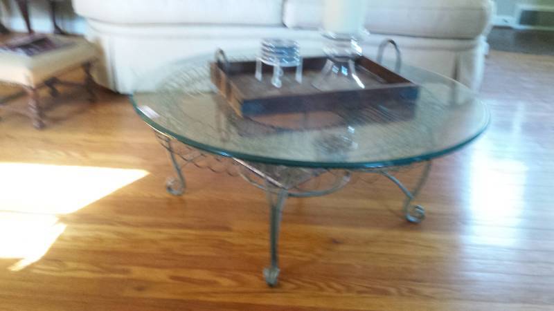 lot 13364 image: Glass Metal Coffee Table with Centerpiece