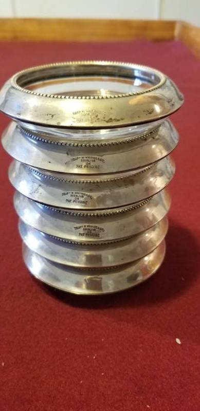 lot 13412 image: Gorham Sterling Silver and Glass Coasters Set of 6