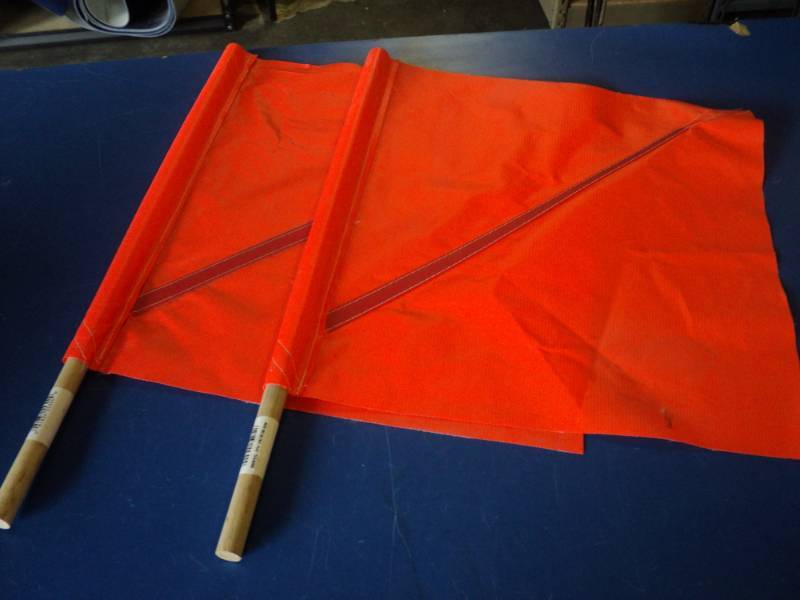 lot 7288 image: (2) ct. lot vinyl Orange traffic flags PN 55300, 18 x 18 w 24 dowel