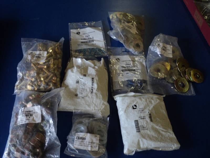 lot 7291 image: (9) ct. mixed lot bagged hardware Lawson Brand, washers, hex nuts, bolts, heat seal forks, assorted sizes