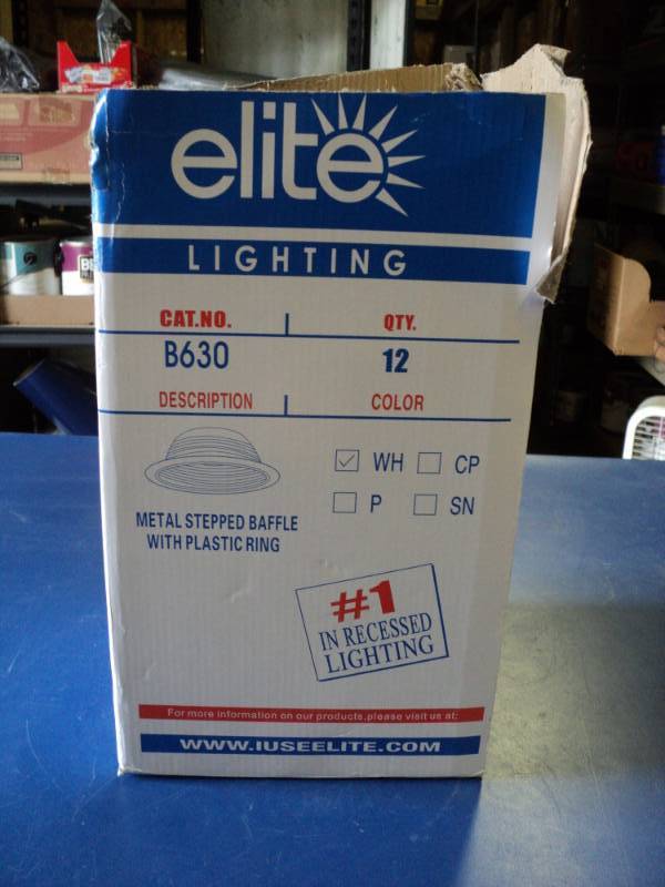 lot 7385 image: (1) box elite lighting cat no. B630 Metal stepped baffle w plastic ring, white, (12) per box