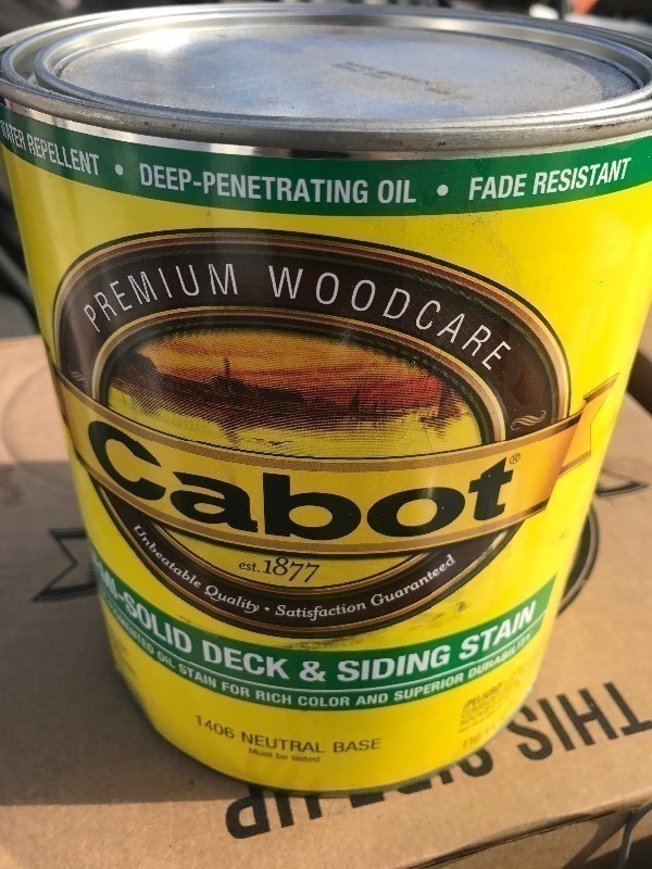 lot 401 image: (2) gallon Get ready to protect your exterior wood with this deck and siding stain natural base by Cabot  retails for $64 a gallon you get 2 gallons in this lot