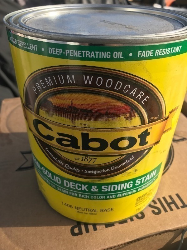 lot 406 image: (2) gallon Get ready to protect your exterior wood with this deck and siding stain natural base by Cabot  retails for $64 a gallon you get 2 gallons in this lot