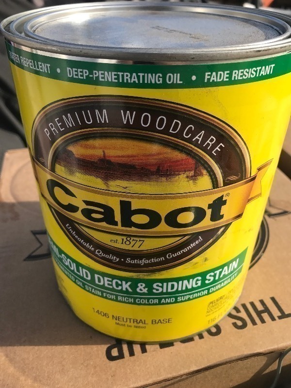 lot 408 image: (2) gallon Get ready to protect your exterior wood with this deck and siding stain natural base by Cabot  retails for $64 a gallon you get 2 gallons in this lot