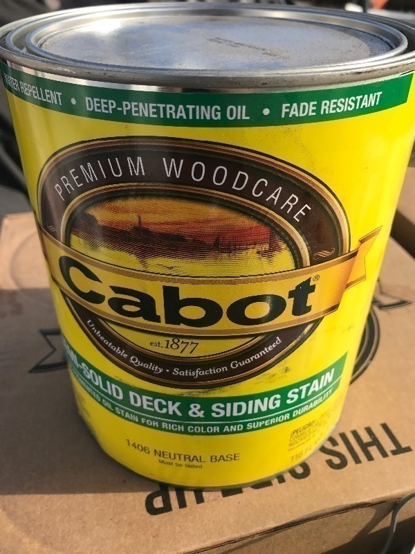 lot 409 image: (2) gallon Get ready to protect your exterior wood with this deck and siding stain natural base by Cabot  retails for $64 a gallon you get 2 gallons in this lot