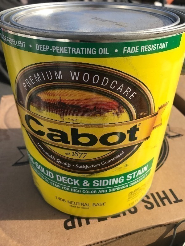 lot 410 image: (2) gallon Get ready to protect your exterior wood with this deck and siding stain natural base by Cabot  retails for $64 a gallon you get 2 gallons in this lot