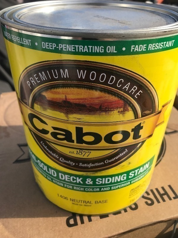 lot 411 image: (2) gallon Get ready to protect your exterior wood with this deck and siding stain natural base by Cabot  retails for $64 a gallon you get 2 gallons in this lot