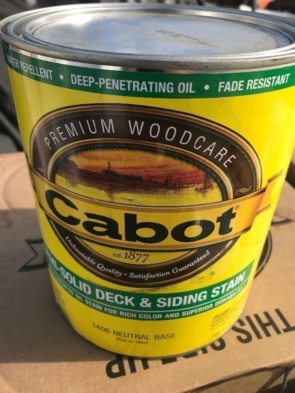 lot 413 image: (2) gallon Get ready to protect your exterior wood with this deck and siding stain natural base by Cabot  retails for $64 a gallon you get 2 gallons in this lot