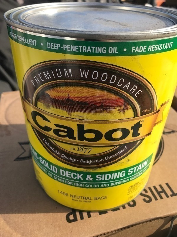 lot 414 image: (2) gallon Get ready to protect your exterior wood with this deck and siding stain natural base by Cabot  retails for $64 a gallon you get 2 gallons in this lot