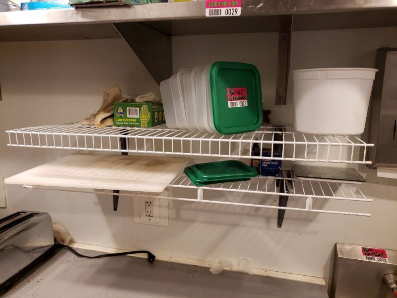 lot 25 image: White Shelves with Food containers, Cutting Board, kitchen scale and More