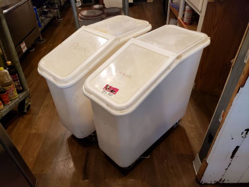 lot 27 image: (2) Large Cambro Sugar and Flour containers on Wheels.