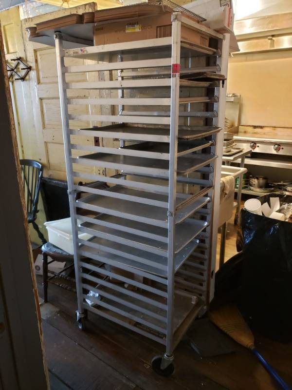 lot 31 image: Stainless Steel Pan Rack on Wheels.