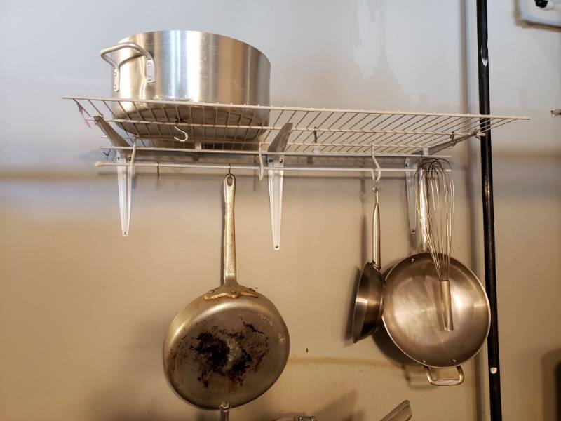 lot 39 image: White Shelf with Various Pots and Pans