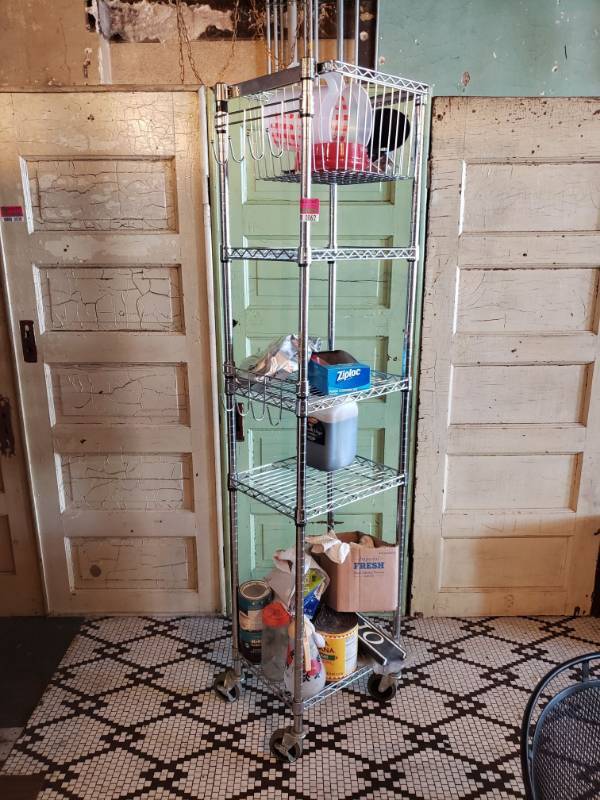 lot 62 image: Stainless Steel Rack on Wheels with hanging hooks