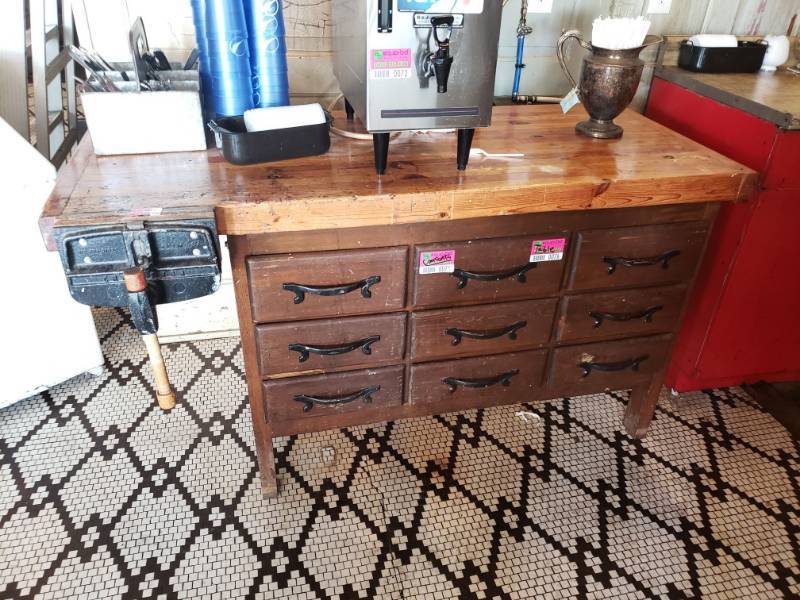 lot 76 image: Vintage Wooden Workbench with 9 Drawers