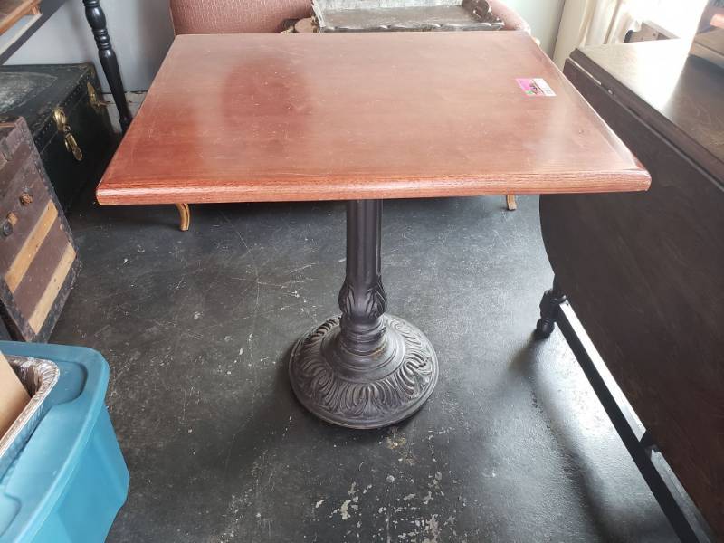 lot 113 image: Vintage Wood Table with Metal Base