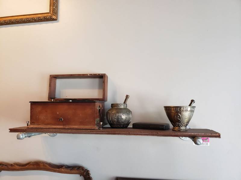 lot 133 image: Vintage Shelf with Antique Mortar and pestle, and Antique Scale