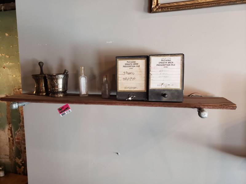 lot 136 image: Vintage Shelf with Antique Pharmacy Equipment