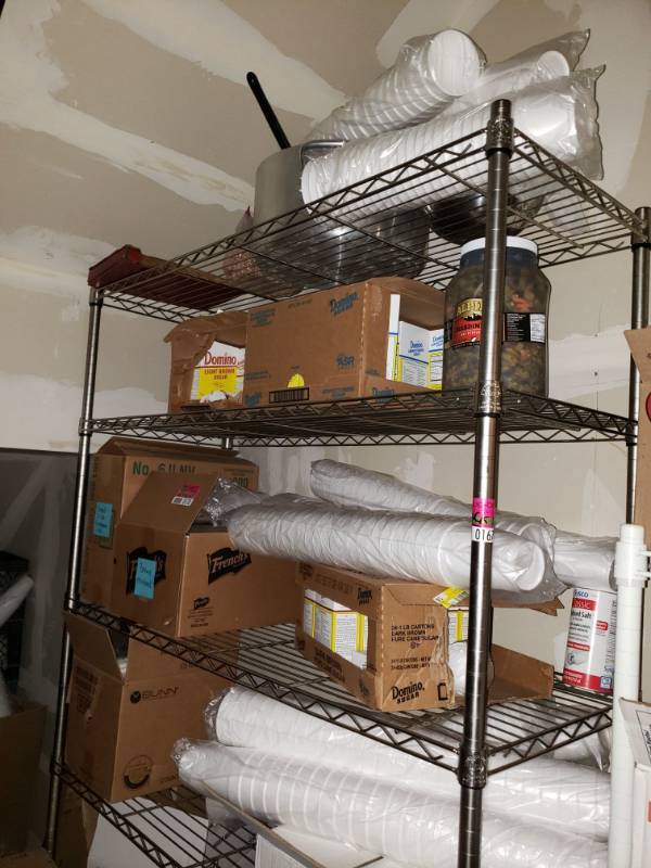 lot 170 image: Various Contents of Rack including Styrofoam Cups, Baking supplies and More