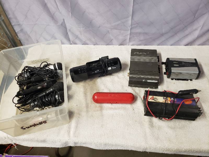 lot 10300 image: Microphones, Car Stereo Amp, Bluetooth Speakers and More