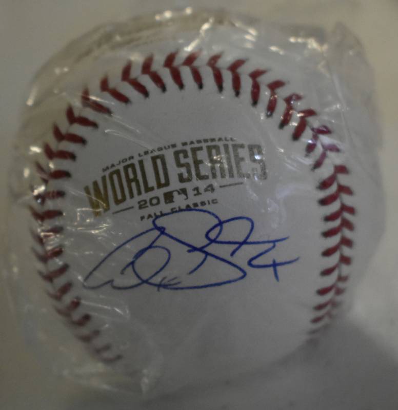 lot 1010 image: Signed Alex Gordon Full Sized Baseball With Official 2014 World Series Baseball with James Spence (JSA) Authentication
