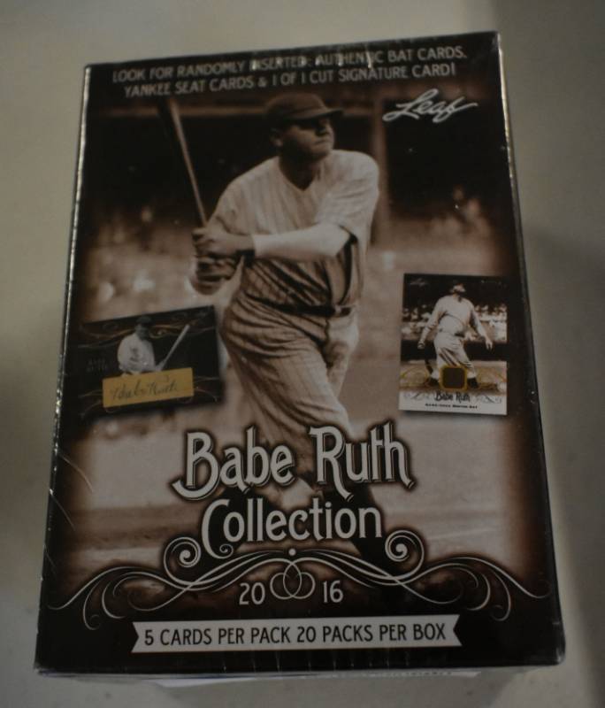 lot 1033 image: 2016 Leaf Babe Ruth Collection Blaster Sealed Box with 20 Packs & 100 Babe Ruth Baseball Cards with Chance at Yankees Stadium Seat or Ruth Bat Relic Piece