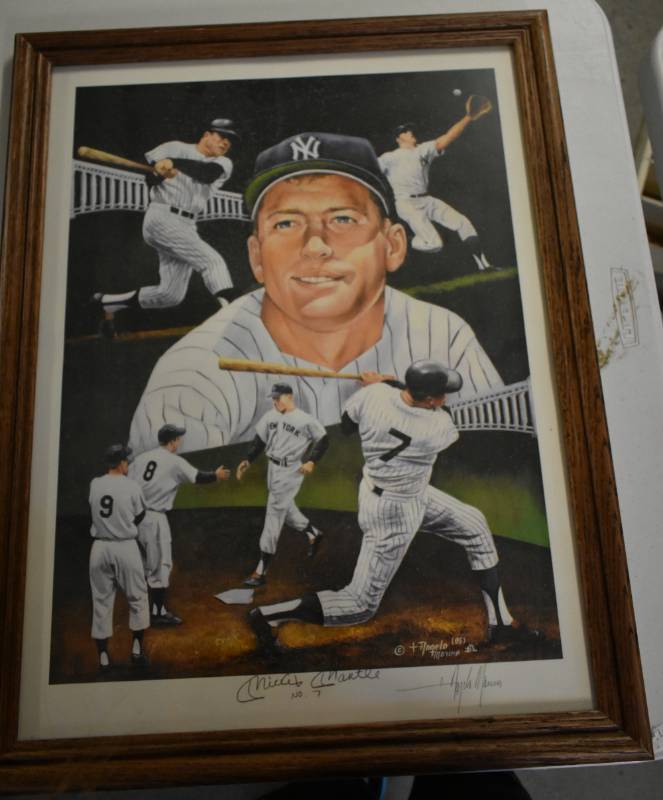 lot 1042 image: Framed 18x24 Inch Mickey Mantle New York Yankees Print Signed By Artist