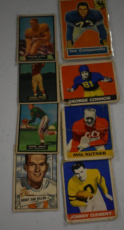 lot 1019 image: Lot of Eight Original Vintage Football Cards - 1949 Leaf - 1951 Topps - 1952 Bowman - 1956 Topps - Poor to Very Good Condition