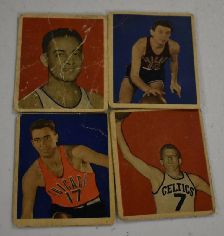 lot 1020 image: Four Original 1948 Bowman Basketball Cards - Book Value $395 - Max Jaslofsky Rc $200, Sid Hertzberg $75, Two Commons