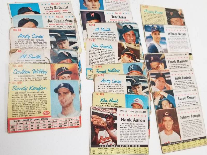 lot 1218 image: 1960s Post Cereal Vintage Baseball Lot of 20 Cards w Sandy Koufax & Hank Aaron