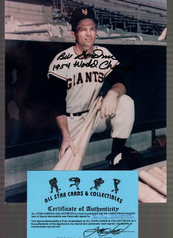 lot 1258 image: Billy Gardner Autographed 8x10 Photo New York Giants w COA