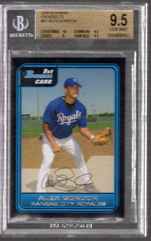 lot 1299 image: 2006 Bowman Prospects Alex Gordon Rookie Graded Beckett BGS 9.5 Gem Mint