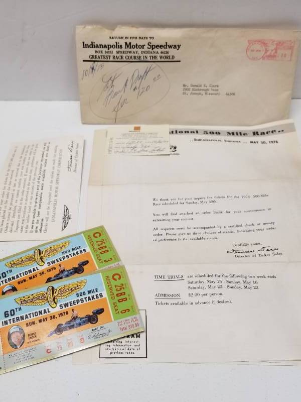 lot 1356 image: 1976 Indianapolis 500 Ticket Stubs Lot of 2 w Paperwork