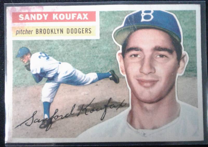 lot 1003C image: Original 1956 Topps Sandy Koufax #79 Brooklyn Dodgers Nice Corner & Edges & ColorStaining Book Value $300.00