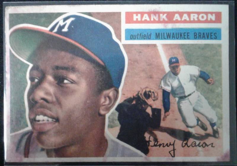 lot 1003D image: Original 1956 Topps Hank Aaron #31 Milwaukee Braves Nice Corner & Edges & ColorStaining Book Value $300.00