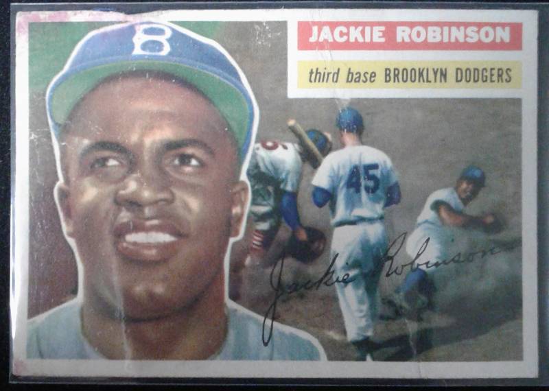 lot 1003E image: Original 1956 Topps Jackie Robinson #30 Brooklyn Dodgers Nice Corner & ColorStaining Book Value $400.00