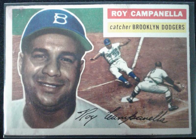 lot 1011B image: Original 1956 Topps Roy Campanella #101 Brooklyn Dodgers Nice Corner & Edges & ColorStaining Book Value $150.00