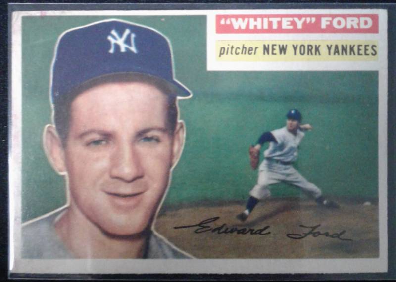 lot 1011C image: Original 1956 Topps Whitey Ford #240 New York Yankees Nice Corner & Edges & ColorStaining Book Value $120.00