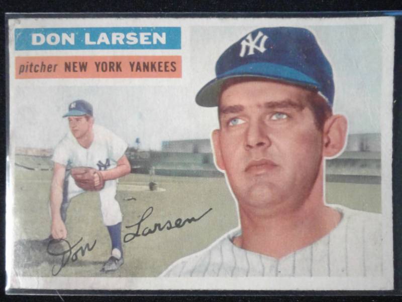 lot 1011E image: Original 1956 Topps Don Larsen #332 New York Yankees Nice Corner & Edges & ColorStaining Book Value $80.00