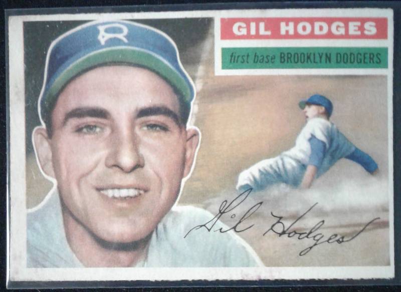 lot 1011G image: Original 1956 Topps Gil Hodges #145 Brooklyn Dodgers Nice Corner & Edges & ColorStaining Book Value $60.00