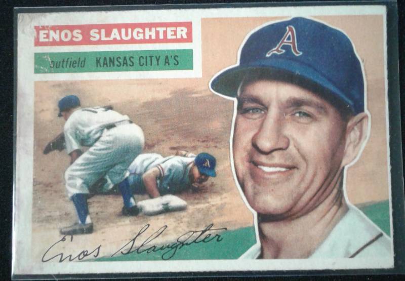 lot 1011I image: Original 1956 Topps Enos Slaughter #109 Kansas City As Nice Corner & Edges & ColorStaining Book Value $60.00