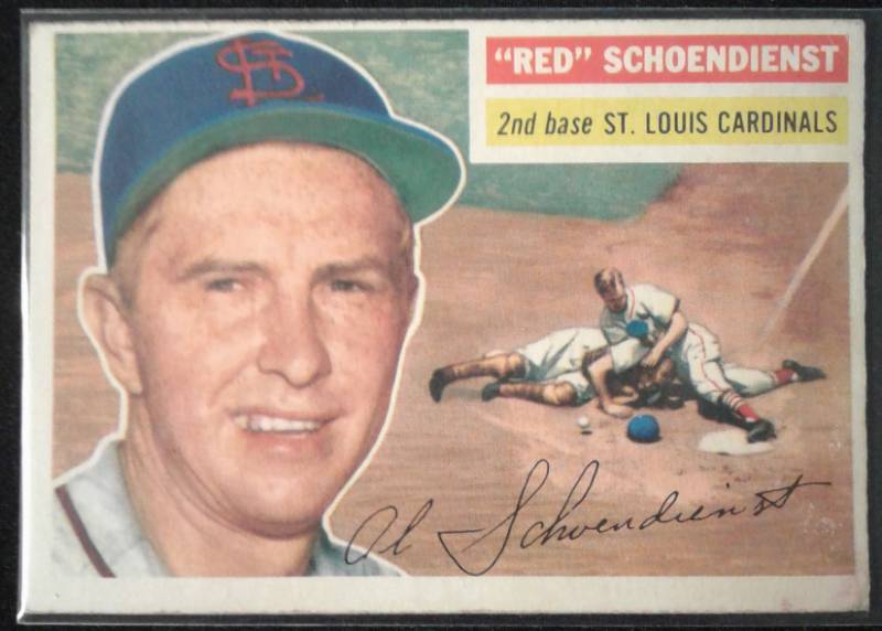 lot 1011K image: Original 1956 Topps Red Schoendienst #165 St. Louis Cardinals Nice Corner & Edges & ColorStaining Book Value $60.00