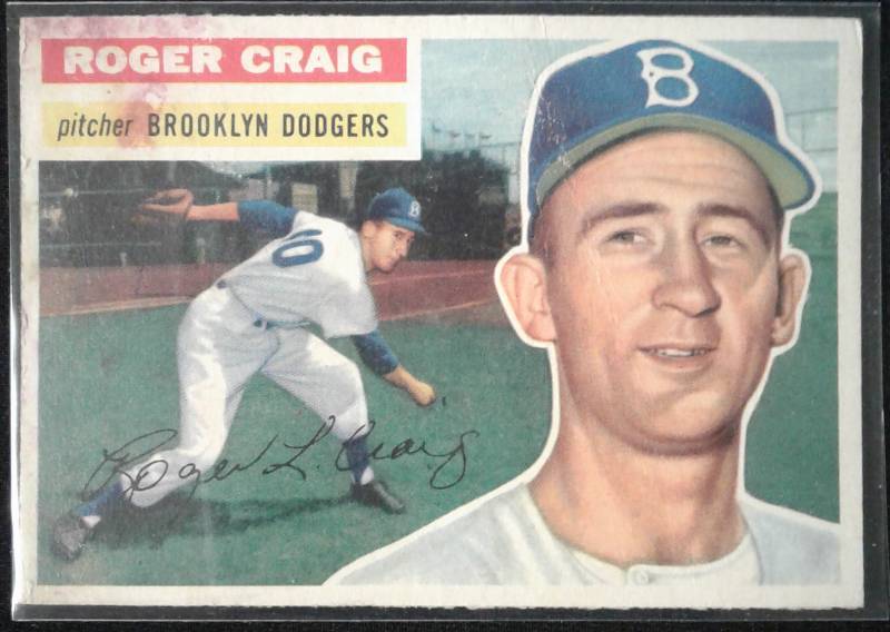 lot 1011N image: Original 1956 Topps Roger Craig #63 Brooklyn Dodgers Nice Corner & Edges & ColorStaining Book Value $40.00