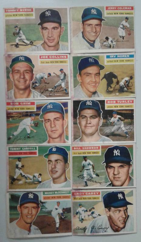 lot 1011O image: Original Lot of Ten 1956 Topps Baseball Cards All New York Yankees Nice Corner & Edges & ColorSome Staining
