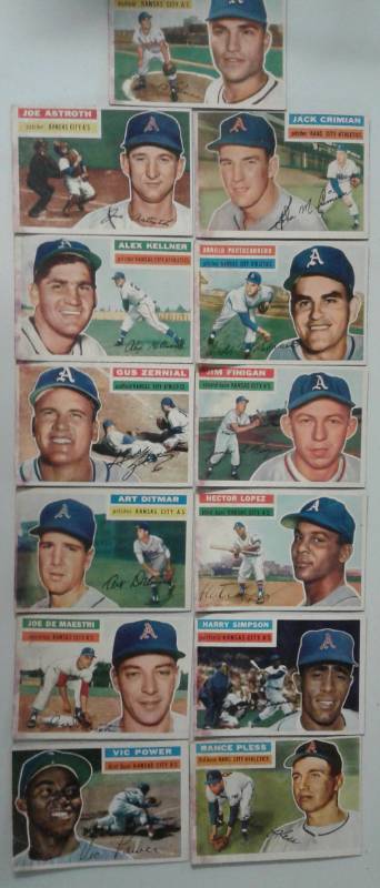 lot 1011P image: Original Lot of Thirteen 1956 Topps Baseball Cards All Kansas City Athletics Nice Corner & Edges & ColorSome Staining