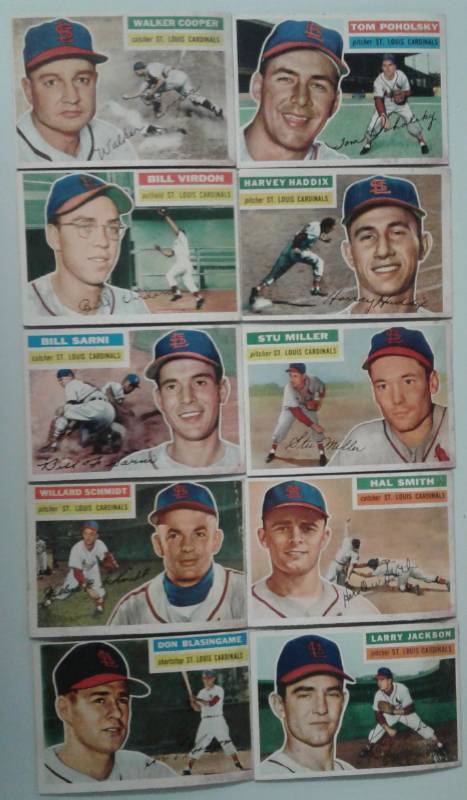 lot 1011Q image: Original Lot of Ten 1956 Topps Baseball Cards All St. Louis Cardinals Nice Corner & Edges & ColorSome Staining