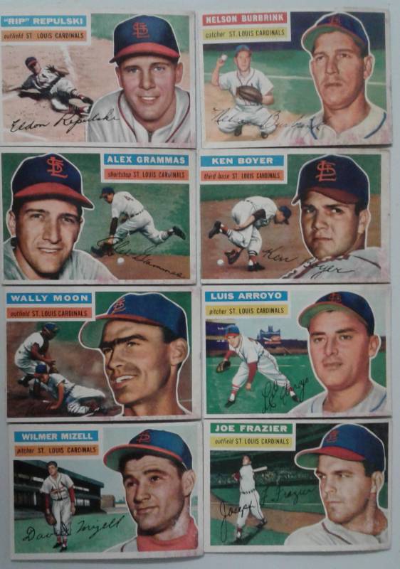 lot 1011R image: Original Lot of Eight 1956 Topps Baseball Cards All St. Louis Cardinals Nice Corner & Edges & ColorSome Staining
