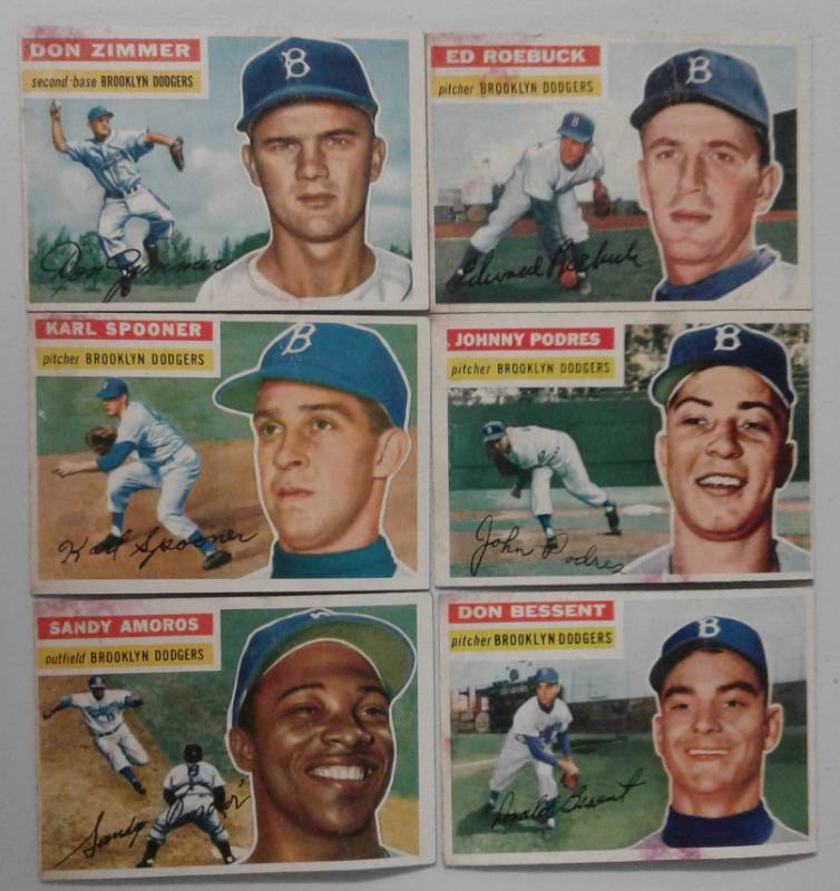 lot 1011S image: Original Lot of Six 1956 Topps Baseball Cards All Brooklyn Dodgers Nice Corner & Edges & ColorSome Staining